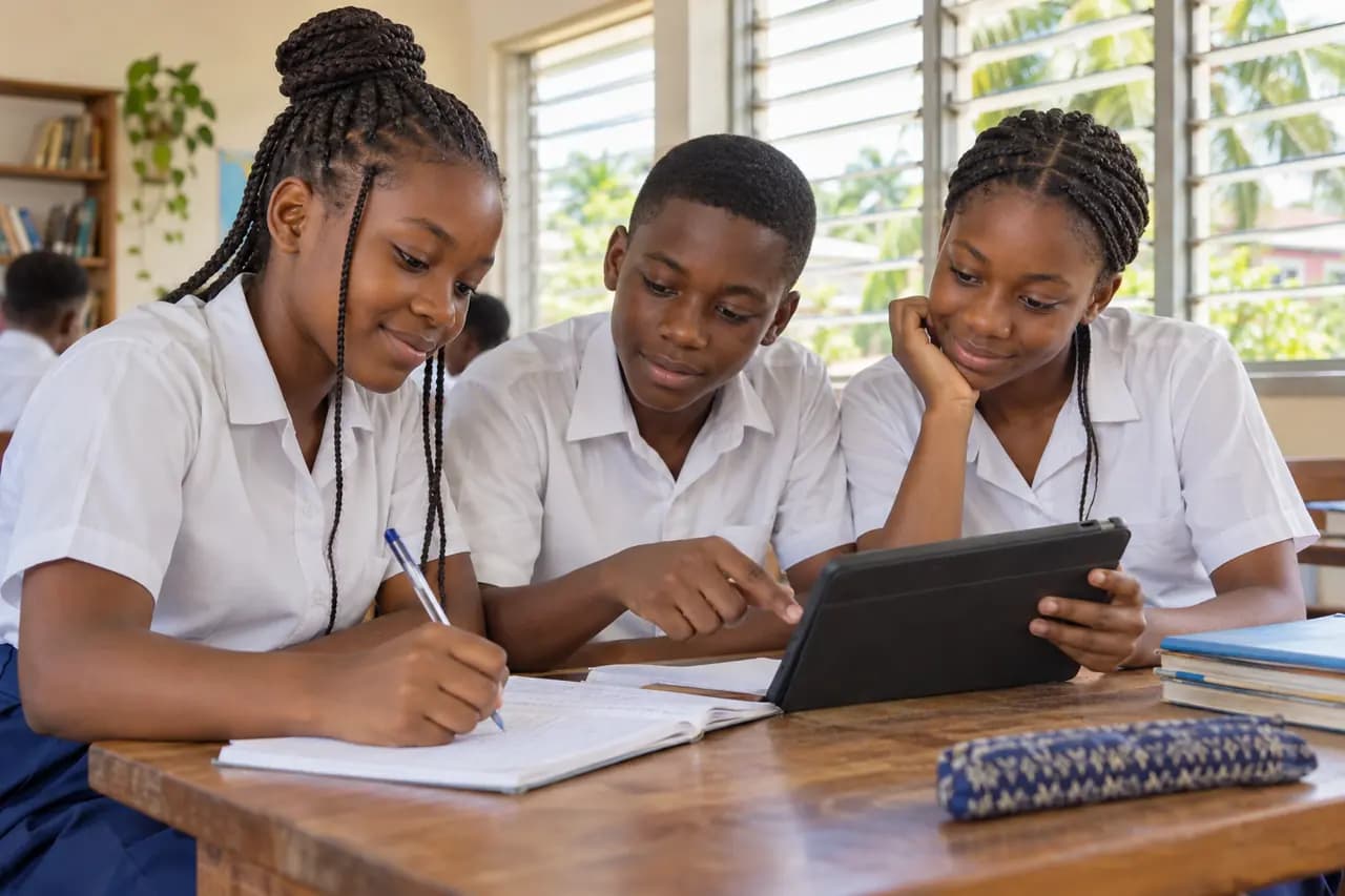 Image générée : trois élèves fictifs apprennent ensemble avec une tablette et un cahier.