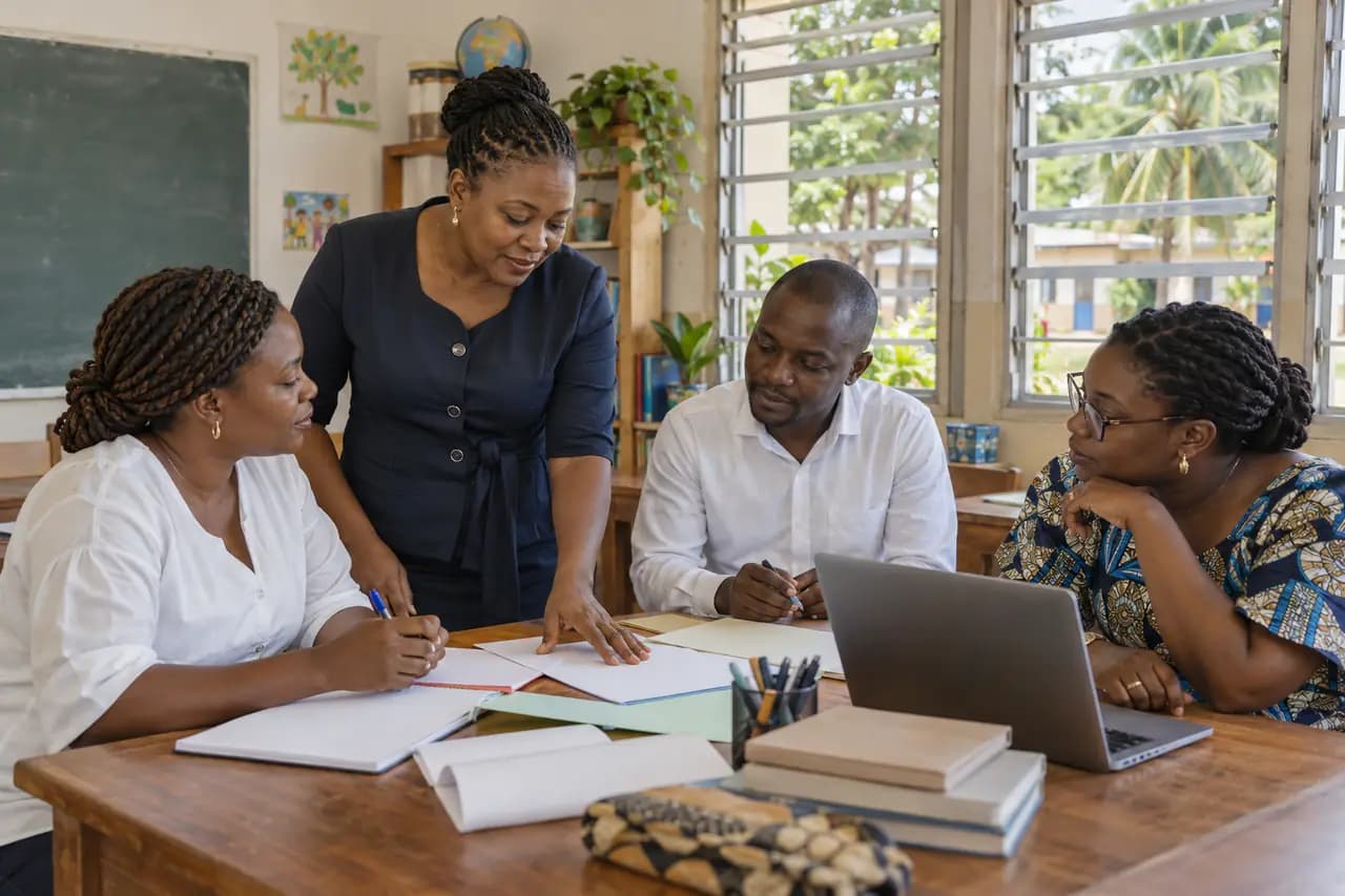 Image générée : une responsable d’école et une équipe pédagogique fictives préparent des ressources ensemble.